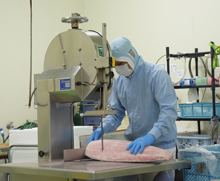 ＜工程ごとの厳密な処理＞
大きなまぐろを扱いやすいサイズにカットした後、骨や皮、血合いを手作業で丁寧に除去し、オゾン水で殺菌洗浄。さらに、サイレントカッターでたたき身にしながら調味料を加えて加工します。